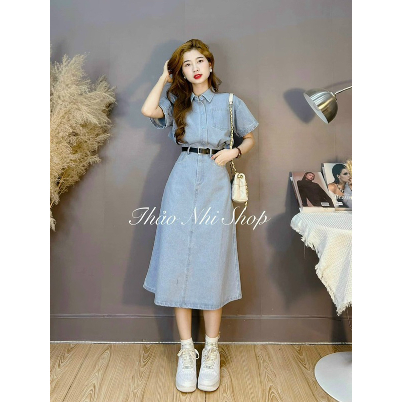 Set váy nữ Jean lụa thời trang áo sơ mi kèm chân váy chữ A có kèm nịt theo sét