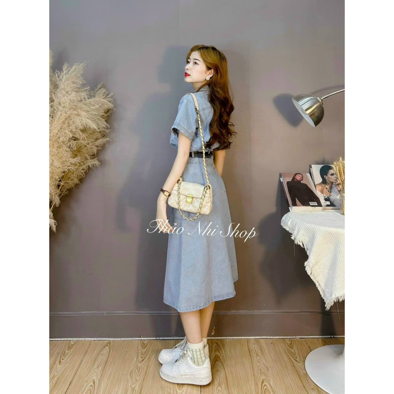 Set váy nữ Jean lụa thời trang áo sơ mi kèm chân váy chữ A có kèm nịt theo sét