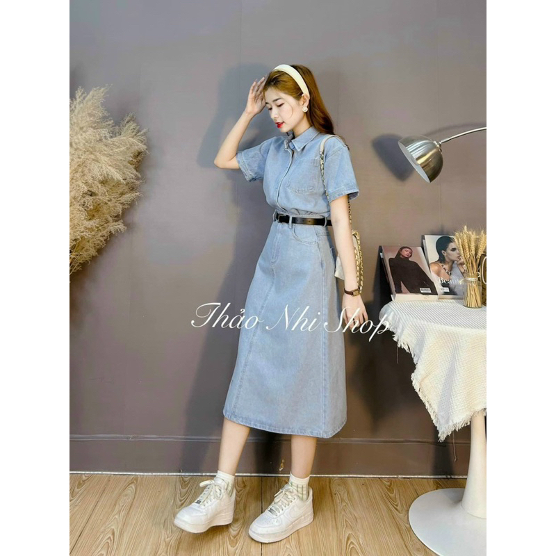 Set váy nữ Jean lụa thời trang áo sơ mi kèm chân váy chữ A có kèm nịt theo sét