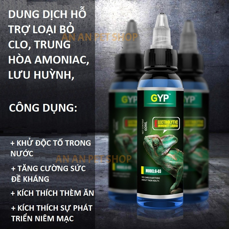 Dung dịch GYP Hỗ trợ khử Clo, trung hòa Amoniac, Lưu huỳnh, Nitrit, Tăng đề kháng,... cho Rùa nước, Lưỡng cư, Cá...