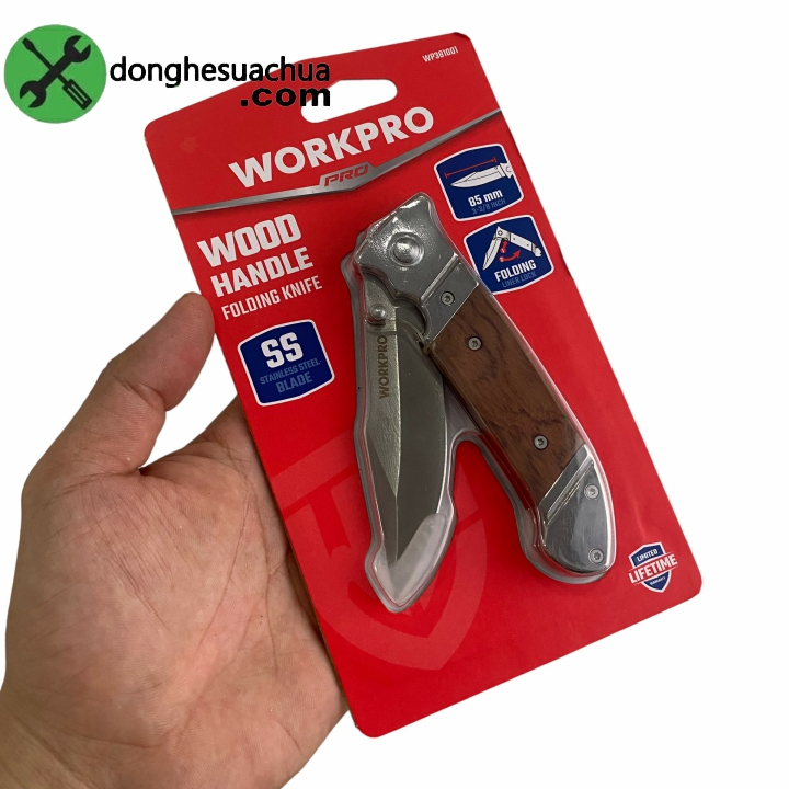 Dao tiện ích gấp gọn thép không gỉ cán ốp gỗ Workpro WP381001