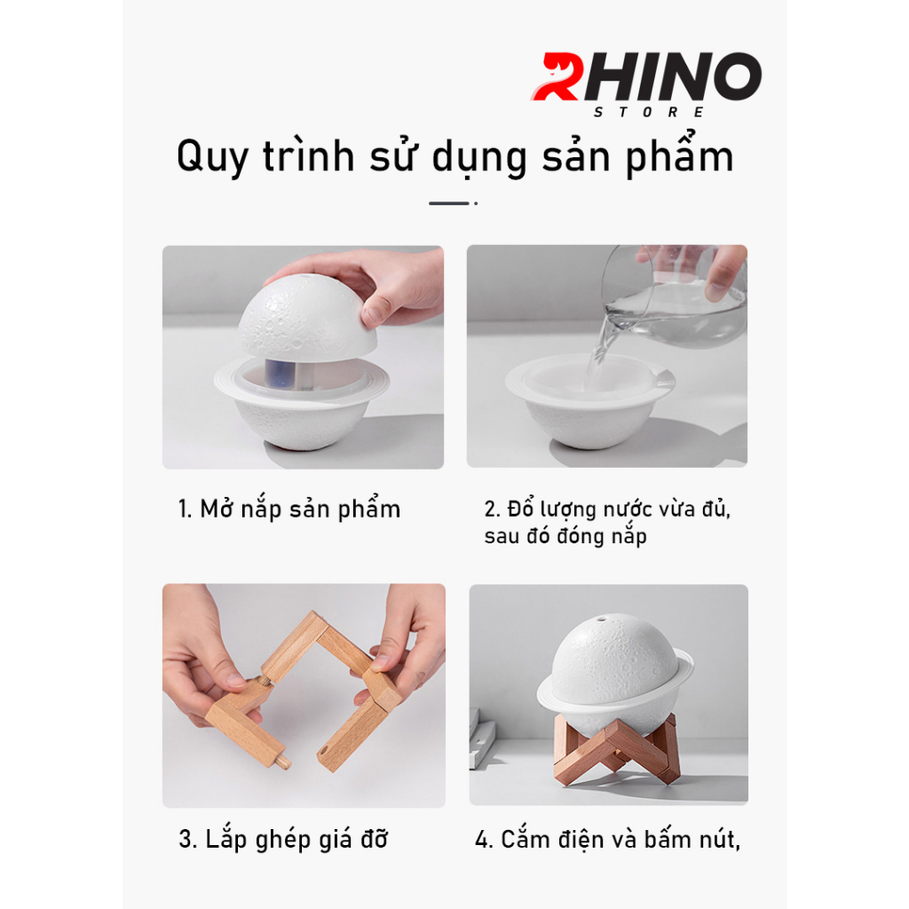 Máy phun sương tinh dầu tạo ẩm Rhino H301 hình mặt trăng, dung tích 200ml, nhỏ gọn