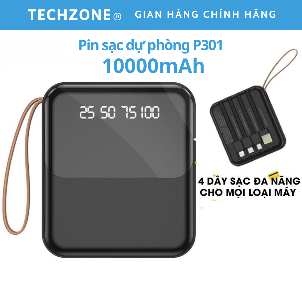 Sạc Dự Phòng Sendem P301 10000mAh Tích Hợp Sẵn Cáp Sạc, Có Led Báo Phần Trăm Pin Techzone Mall