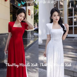 Áo dài nhung đỏ truyền thống 2 tà may sẵn kèm quần lụa tn1