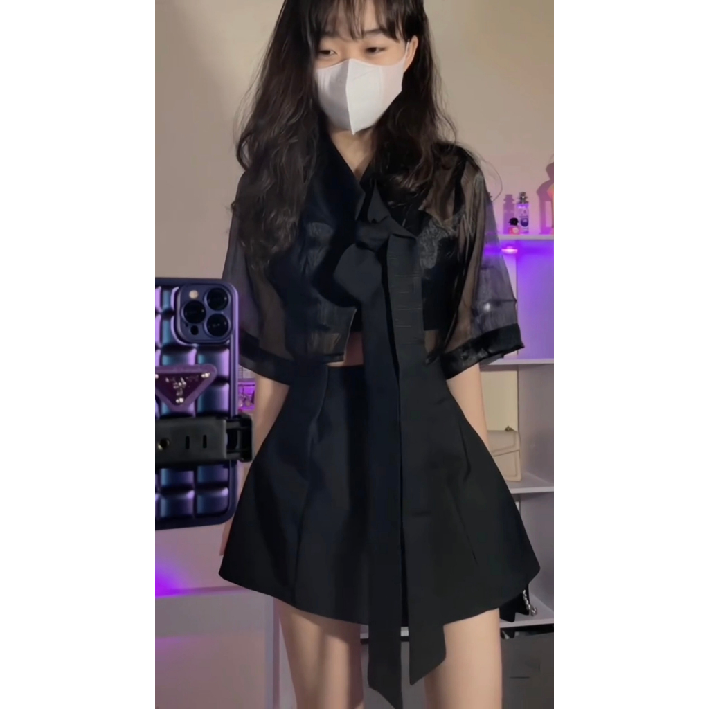 - (MUA Ở GIỎ LIVE ĐỂ ÁP MÃ) Quà tặng sinh nhật,bạn gái,cho nữ,tết Set áo voan thắt nơ/ Chân váy chữ A