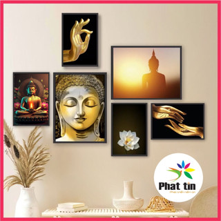 Set 6 tranh decor dán tường In Phát Tín, chủ đề hoa sen phật trang trí phòng thờ, phòng khách có sẵn keo dán chắc chắn