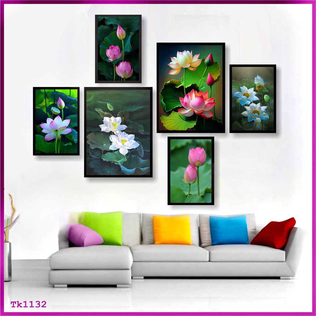 Set 6 tranh decor dán tường In Phát Tín, chủ đề hoa sen phật trang trí phòng thờ, phòng khách có sẵn keo dán chắc chắn
