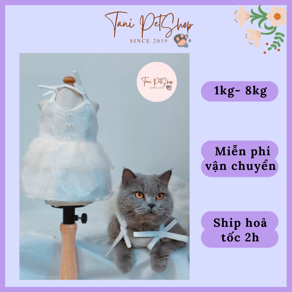 Váy Đầm Trắng Lưới Nổi Hoa Cho Thú Cưng - Quần Áo Cho Chó Mèo Mặc Đám Cưới Cao Cấp Tanipetshop