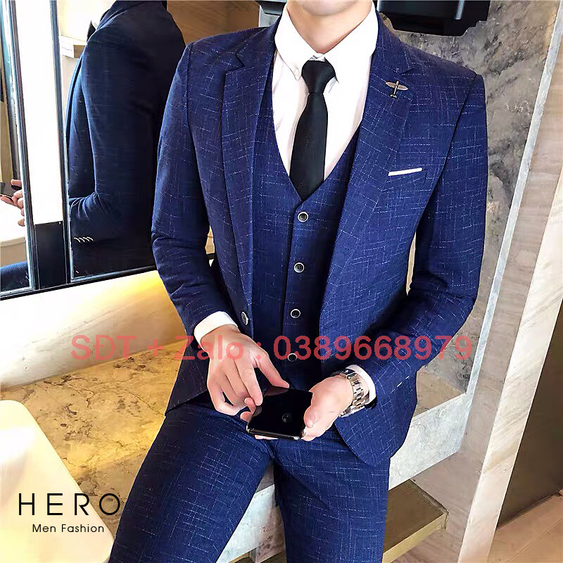 Bộ Vest Nam Cao Cấp Kẻ Xanh Cô Ban, Bộ Suit Nam Vải Sịn, Quần Có Tăng Chỉnh Vòng Bụng