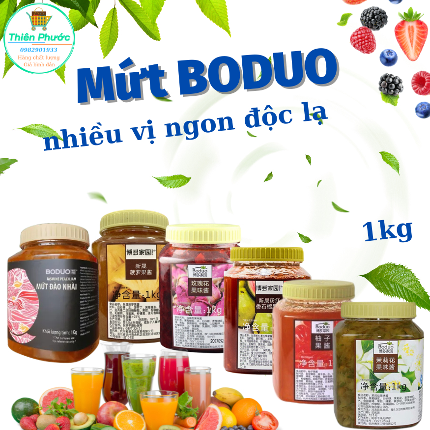 Mứt trái cây Boduo: dâu, đào, hoa nhài, hoa hồng, bưởi hồng.....( giá sale)