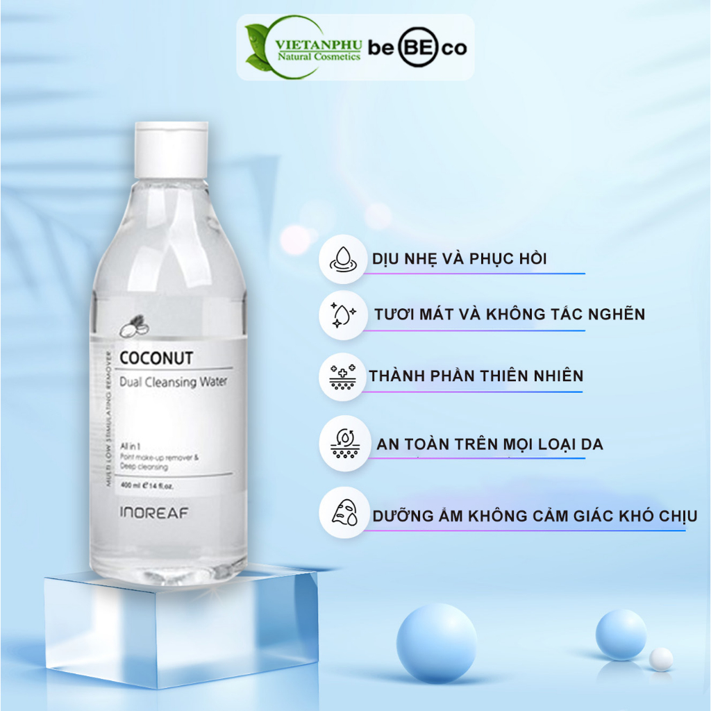 Nước tẩy trang cho mọi loại da và làm sạch sâu se khít lỗ chân lông BEBECO Coconut Dual Clansing Wate  400ml Hàn Quốc