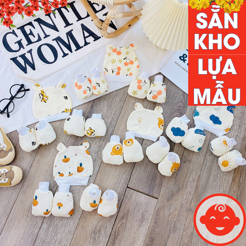 Sét mũ kèm bao tay bao chân MUSLIN 5 MÓN HỌA TIẾT chất đẹp đáng yêu cho bé SM13