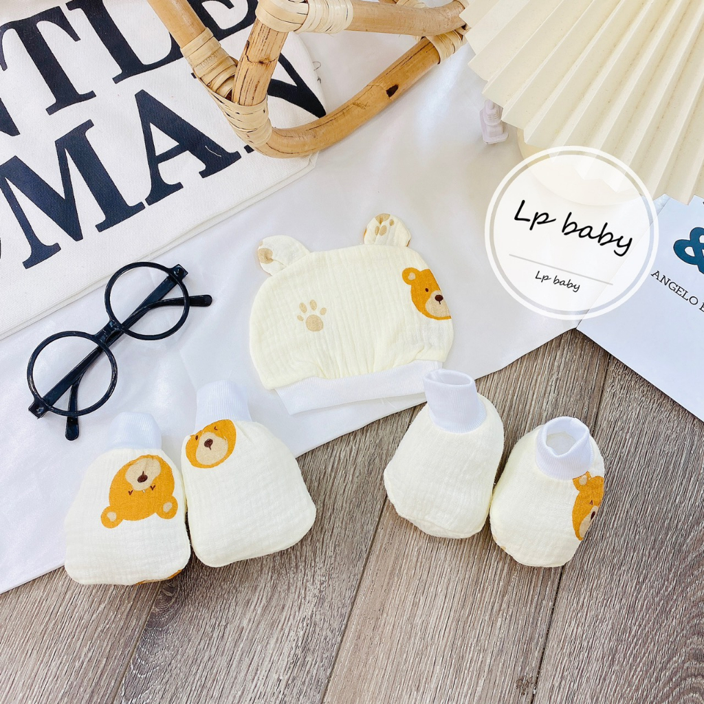 Sét mũ kèm bao tay bao chân MUSLIN 5 MÓN HỌA TIẾT chất đẹp đáng yêu cho bé SM13