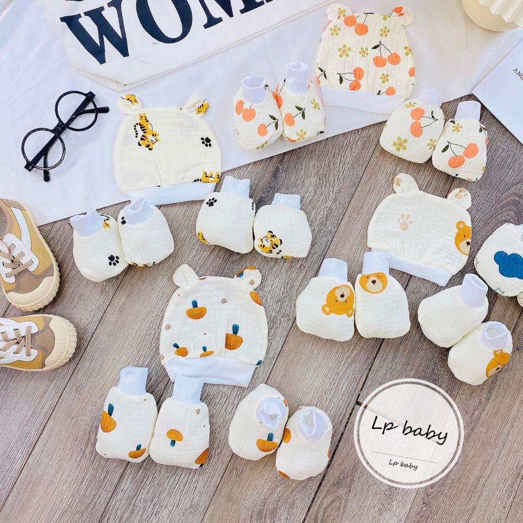 Sét mũ kèm bao tay bao chân MUSLIN 5 MÓN HỌA TIẾT chất đẹp đáng yêu cho bé SM13