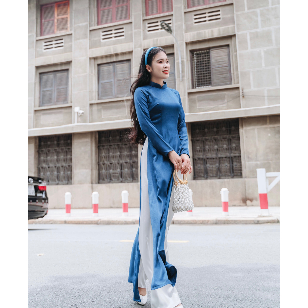 Áo dài lụa tây thi truyền thống, áo dài thiết kế Du Yên,BST áo dài Nhã xanh than