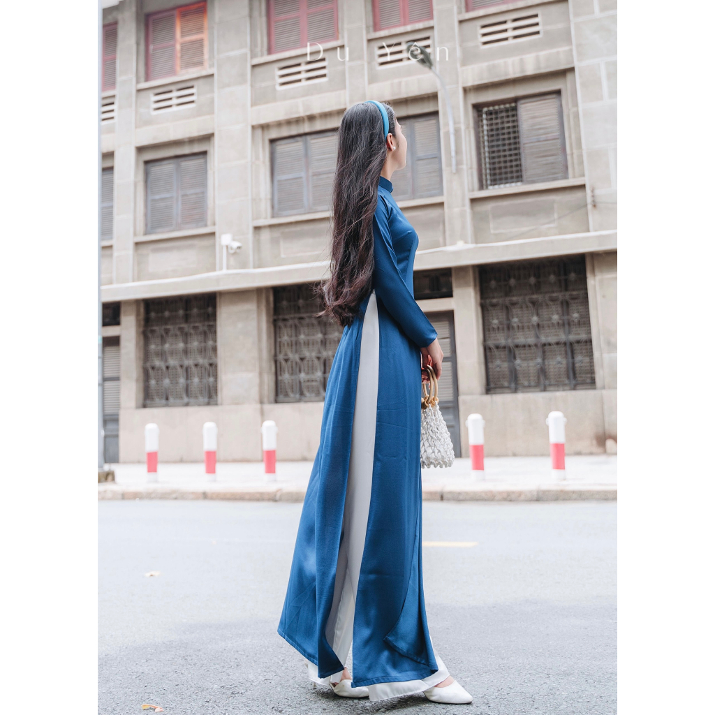 Áo dài lụa tây thi truyền thống, áo dài thiết kế Du Yên,BST áo dài Nhã xanh than