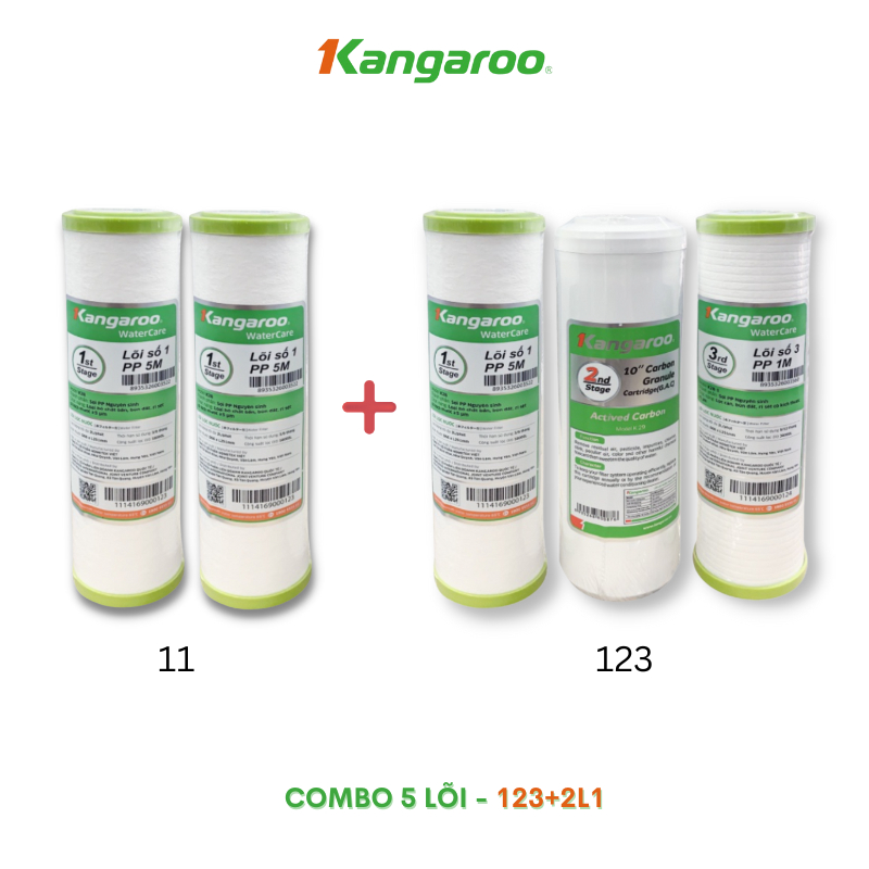 Combo 5 lõi lọc thô Kangaroo gồm 2 lõi số 1 và 1 bộ 123 (3 lõi 1+ 1 lõi 2 + 1 lõi 3)