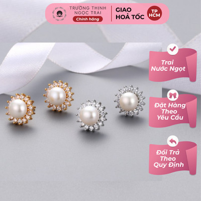 Bông Tai Đính Ngọc Trai Hạt 9ly Viền Đá Hoa Tai Hạt Trai Nước Ngọt - Ngọc Trai Trường Thịnh