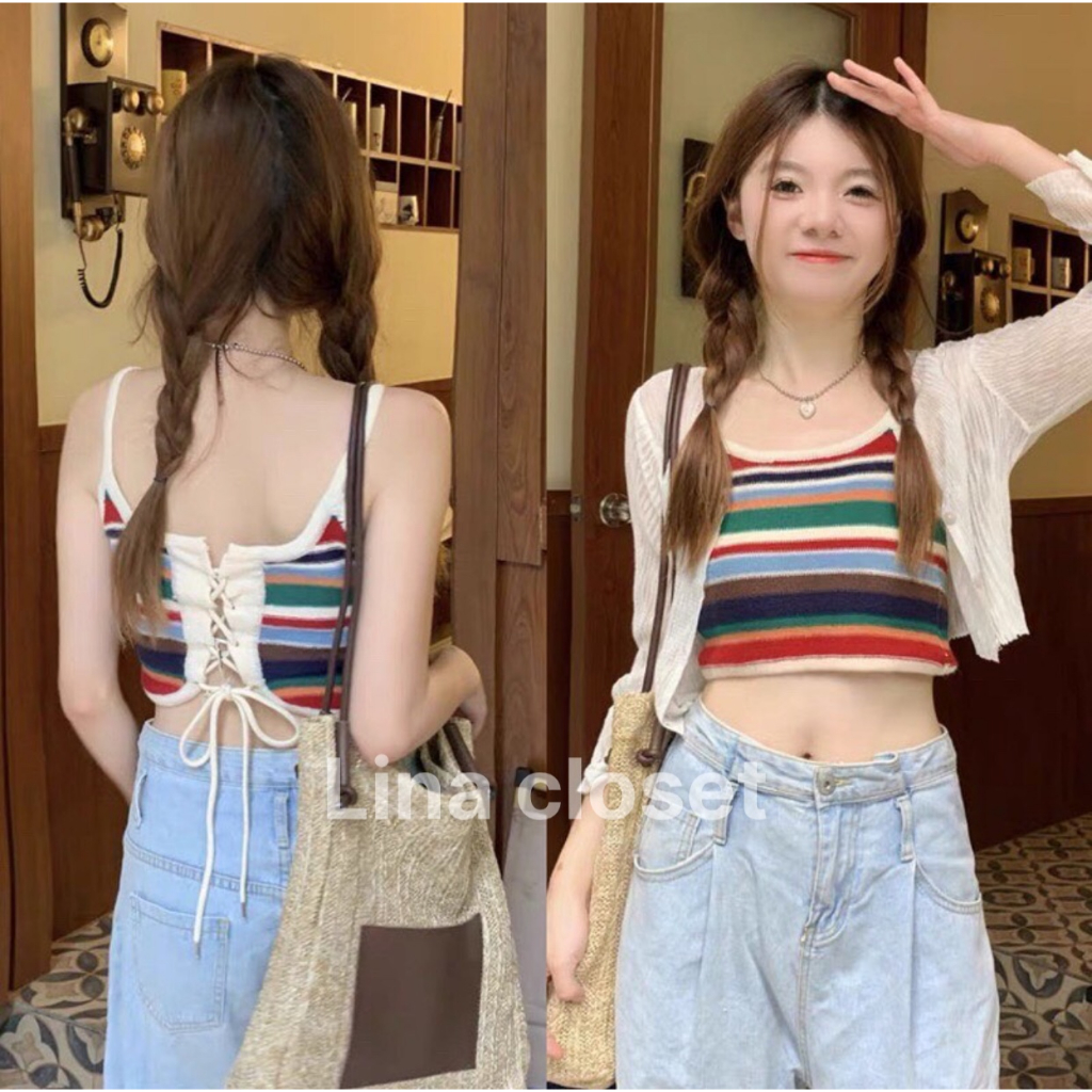 Áo 2 dây len mongini dáng croptop đan dây cầu vồng (ảnh thật)