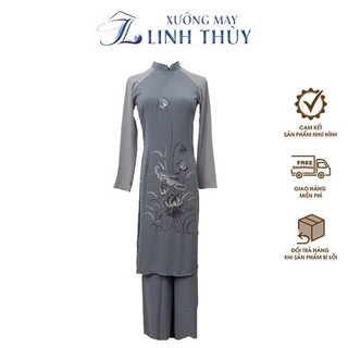 Bộ áo dài chùa cách tân 2 tà cổ truyền thống thêu hoa sen màu Lam pha tay, Áo dài đi chùa thêu hoa sen