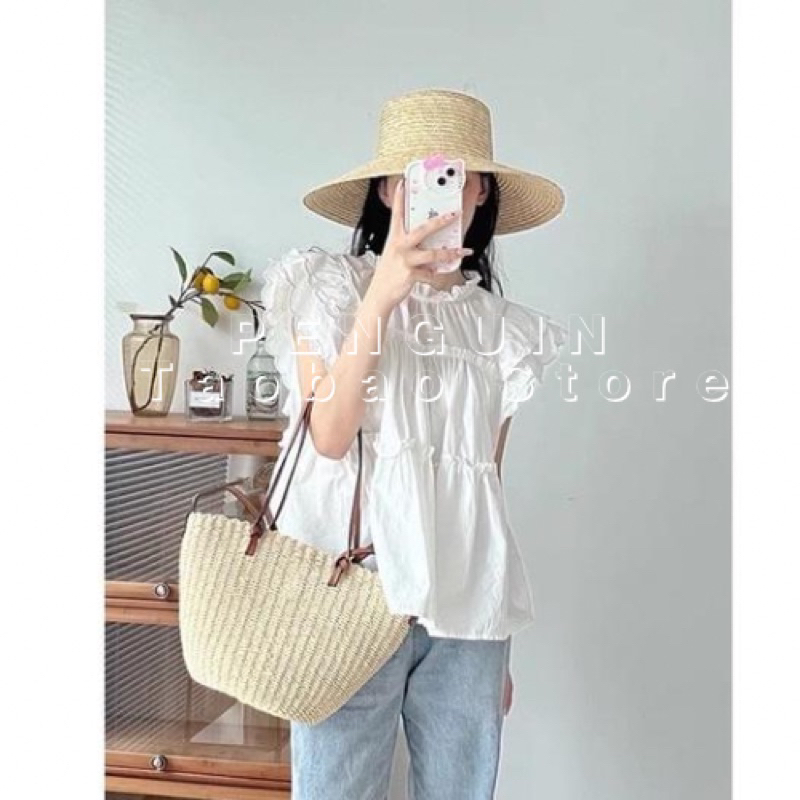 Áo sơ mi trắng dáng rộng tay áo cánh tiên xếp ly phối bèo dễ thương thời trang mùa hè 202