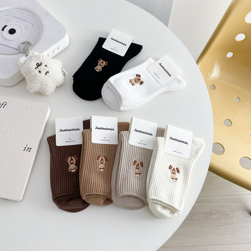 Tất vớ nữ cổ cao cotton thêu hình gấu co giãn phong cách Hàn Quốc