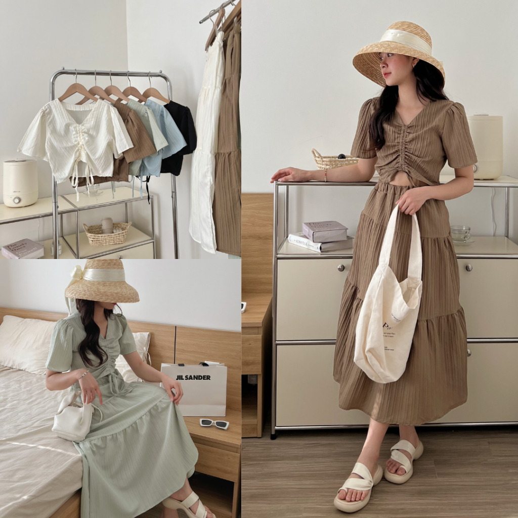 Set váy dáng dài mix áo rút dây ngực trơn màu form rộng rãi thoáng mát