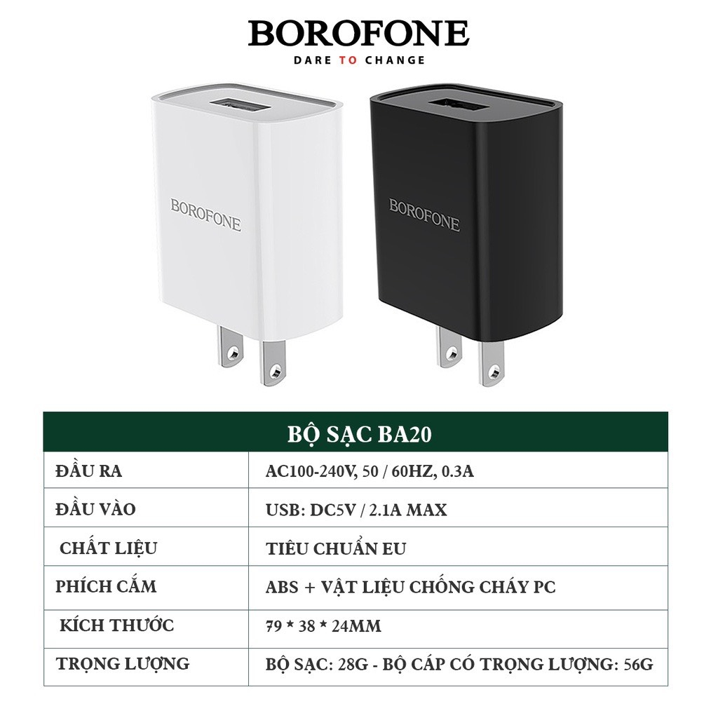 Bộ củ cáp sạc nhanh Borofone Ba20, sạc điện thoại ai phôn sam sung oppo,cốc xạc 1 cổng cắm usb không nóng máy an toàn...