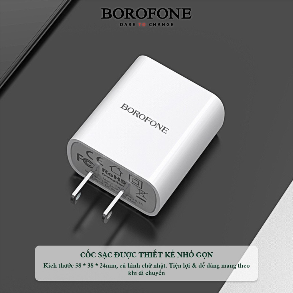 Bộ củ cáp sạc nhanh Borofone Ba20, sạc điện thoại ai phôn sam sung oppo,cốc xạc 1 cổng cắm usb không nóng máy an toàn...