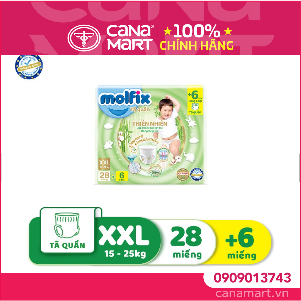 Tã/bỉm quần Molfix Thiên nhiên Jumbo XL32/XXL28/XXXL24 (gói trung)