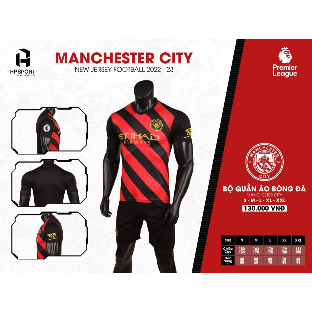 Bộ quần áo bóng đá Man City đen sọc đỏ chéo sân khách 2023- HP