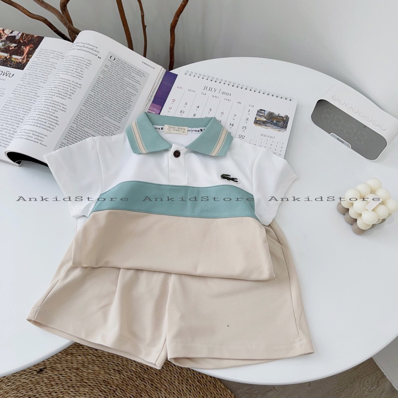 Bộ Cộc Tay Polo Lacoste Bé Trai 8-18kg Phối 3 Màu Hình Thêu, Bộ Đồ Mặc Hè Cho Bé - AN.KID