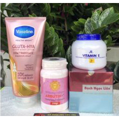 COMBO 4 MÓN Siêu dưỡng trắng Kem body bạch ngọc liên + vaseline x10 +abutine + vitamin e