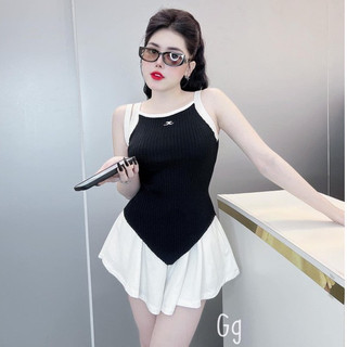Sét bộ áo 2 dây viền màu nhọn tà phối quần đùi xòe cực hot , chất thun gân dày dặn