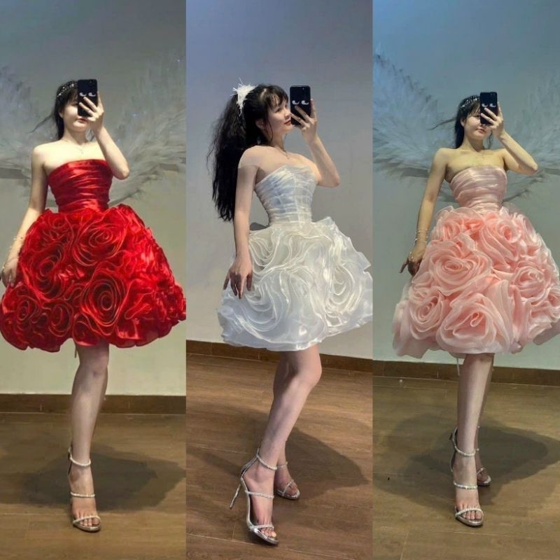ĐẦM XOÈ TẦNG CÚP NGỰC XOẮN HOA HỒNG XINH XẮN-HN TẶNG KÈM HOA TAI THỜI TRANG