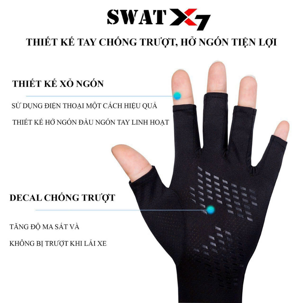 Găng Tay Chống Nắng Dài SWAT X7 Xỏ Hở  5 Ngón Chống Tia UV Mùa Hè Có Vân Chống Trượt Cao Cấp