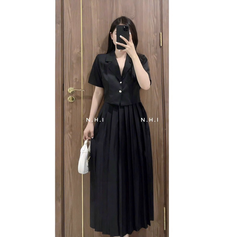 Set áo Vest Crop Mix Chân váy Dài Xoè Xếp Ly lịch sự new Hot