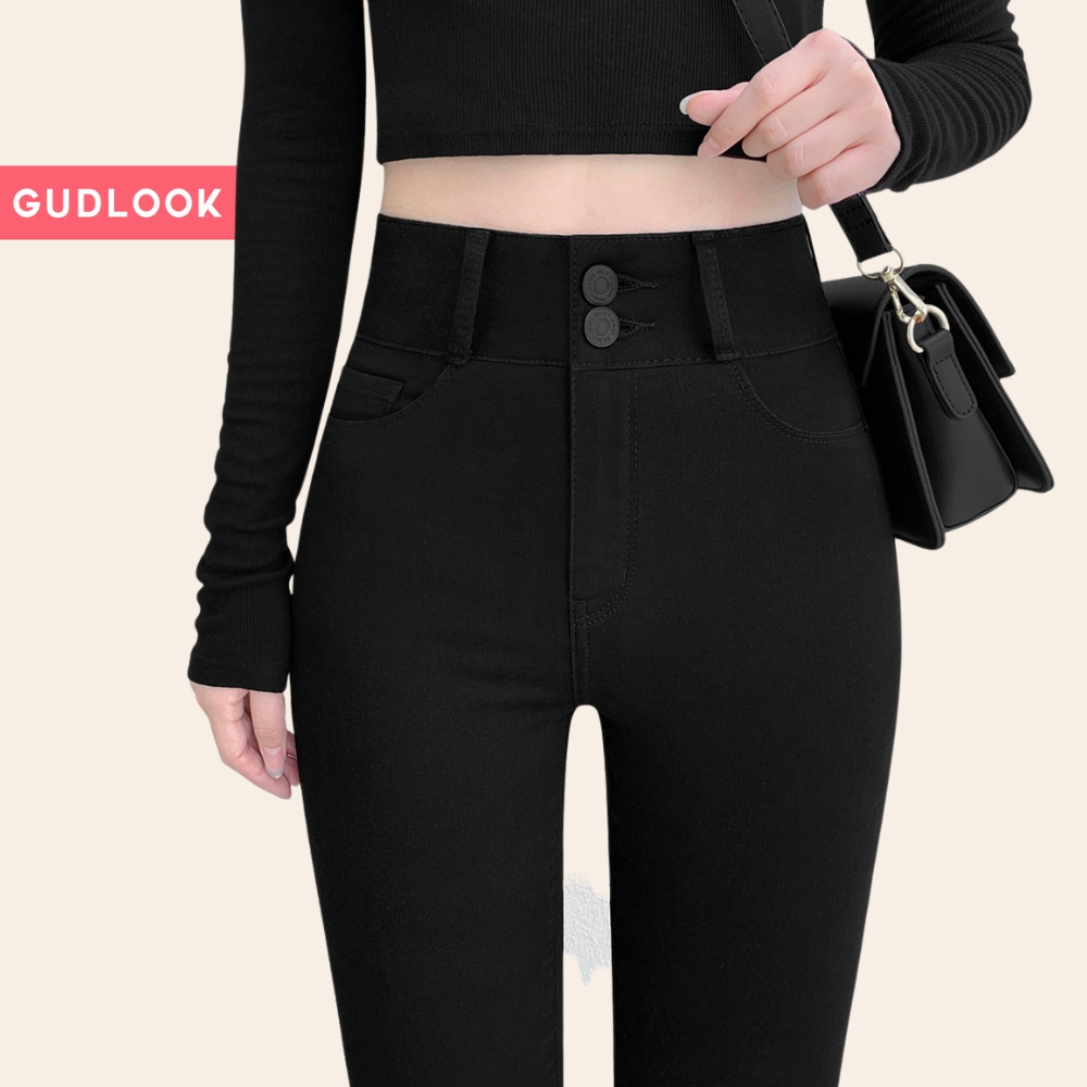 Quần legging nữ cạp cao GUDLOOK  nâng mông có khóa 2 khuy vải UMI siêu dày gen bụng dáng dài - Quần vải nữ