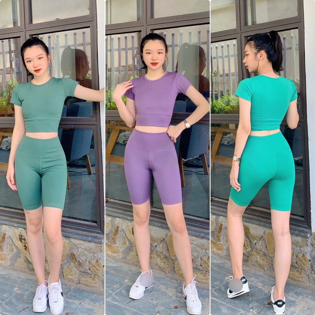 Set tập gym nữ áo croptop ngắn tay kết hợp quần lửng thể thao tập gym yoga aerobic vải thun lạnh 4 chiều của easy.sy123