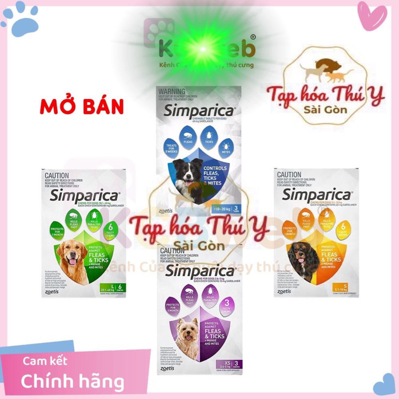 SIMPARICA viên nhai tri ve, bọ chét, ghẻ DEMODEX cho chó( 1 VIÊN )