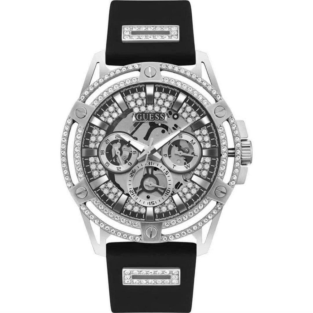 Đồng Hồ Nam Guess GW0537G1 Dây Cao Su Đen Vỏ Silver Size 48mm - Đồng Hồ Guess Nam Mặt 6 Kim Đính Đá