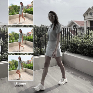 SET áo croptop cổ sơ mi chân váy mini xanh mint pastel