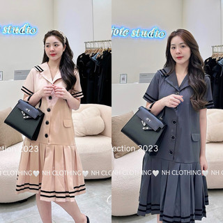 Váy xuông cổ vest chân xếp ly tiểu thư mềm mát