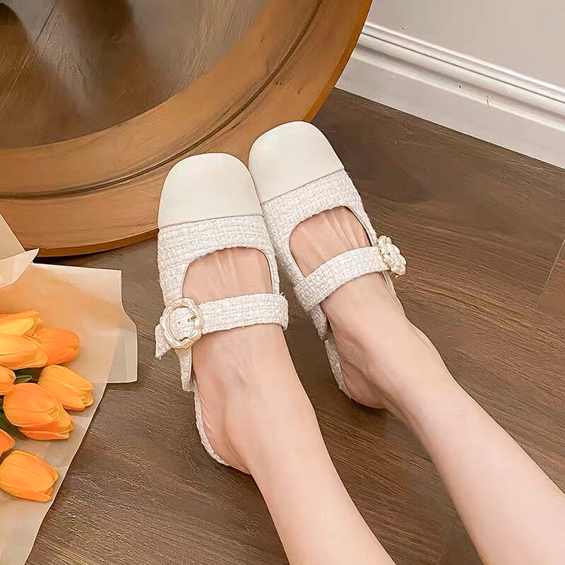 Giày sục búp bê Cnk quai ngang to đính hoa mũi bóng phong cách tiểu thư cá tính hàng Fullbox mới 2023 G03