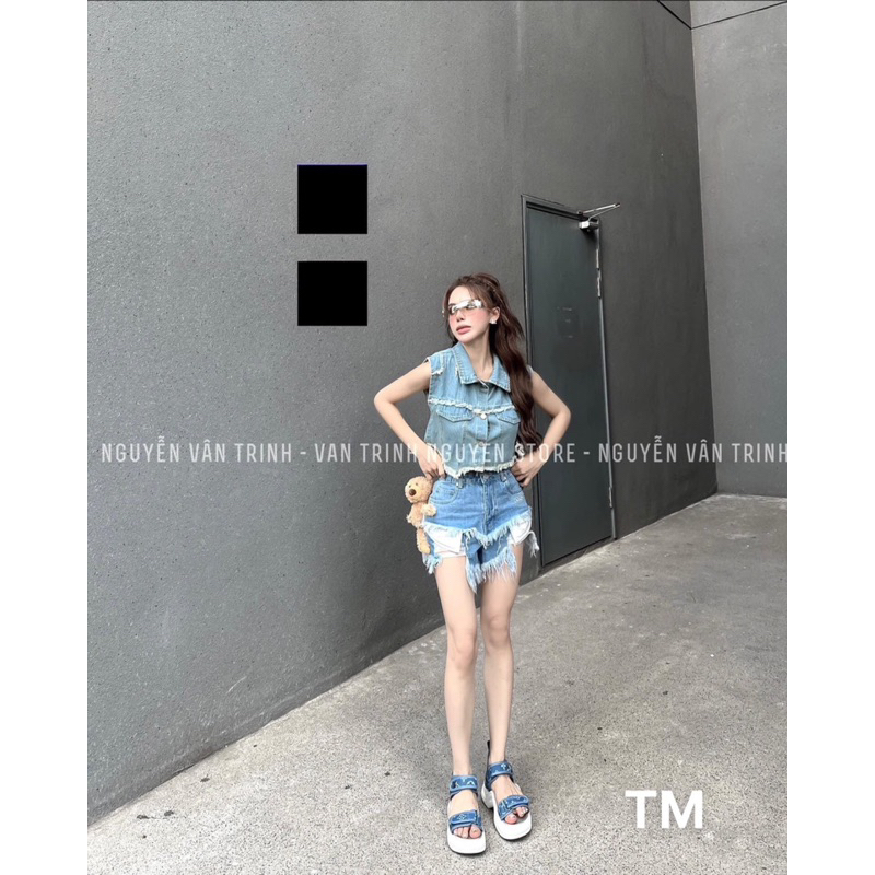 Sandal lv demin hoạ tiết quai dán ngang đế cao fullbox