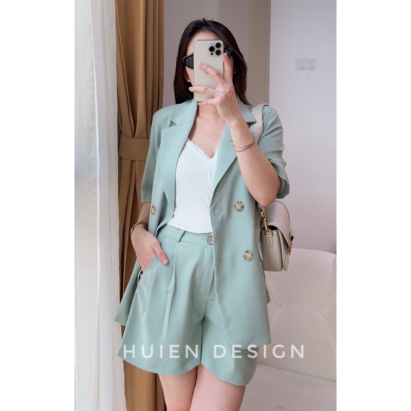 Set đồ nữ đi chơi gồm áo khoác blazer nữ 1 lớp tay ngắn kèm quần short có ly tone xanh