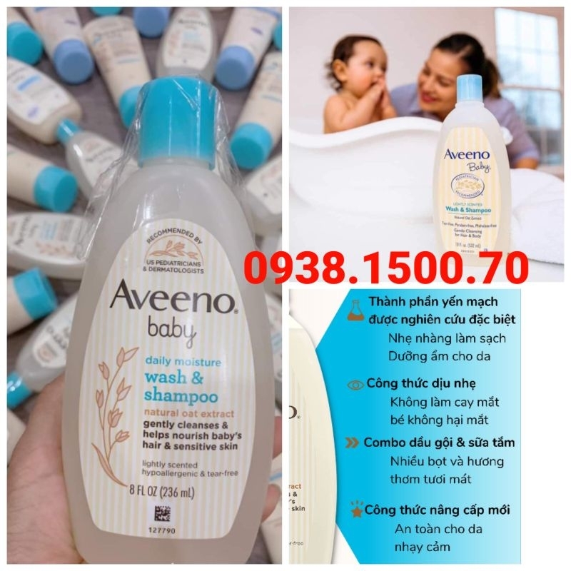 SỮA TẮM GỘI 2IN1 DỊU NHẸ DƯỠNG ẨM 24H CHO BÉ TỪ YẾN MẠCH Aveeno Baby Wash & Shampoo 236ml