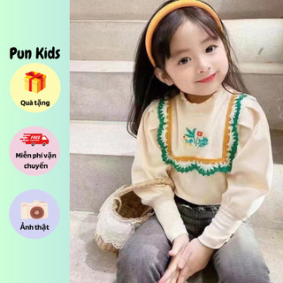 Áo nỉ giữ nhiệt dài tay hoạ tiết hoa thêu viền bèo xanh cho bé gái 9-27kg AMĐ04