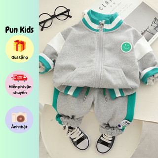 Bộ bé trai, Bộ nỉ da cá bomber dài tay thêu họa tiết mặt cười phong cách Hàn Quốc cho bé từ 9-21kg BD42