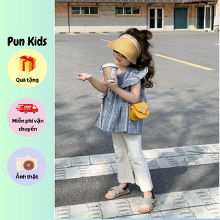 Bộ đồ áo sơ mi caro xanh + quần ống loe thời trang cho bé gái BD35